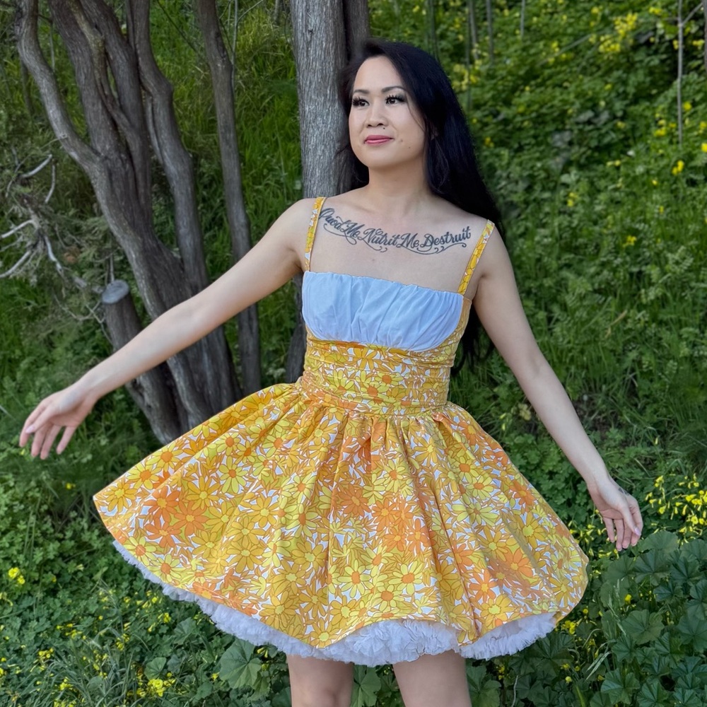 Vintage Floral Print Yellow Dress